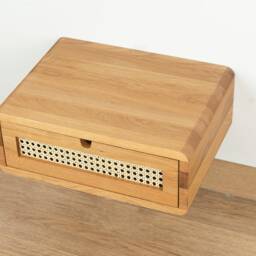 Floating Nightstand With Rattan Drawer in Solid Oak - Natural Bedroom - thumbnail 2