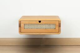 Floating Nightstand With Rattan Drawer in Solid Oak - Natural Bedroom