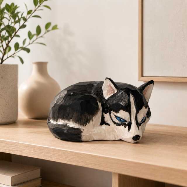Geometric Husky Wood Figurine, Hand Carved Siberian Dog Statue, Low Poly Animal Sculpture, Rustic Farmhouse Decor - image 1