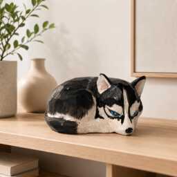 Geometric Husky Wood Figurine, Hand Carved Siberian Dog Statue, Low Poly Animal Sculpture, Rustic Farmhouse Decor - thumbnail 1