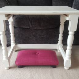 Pink Linen Look Foot Stool Handmade Upholstered Little Footrest - thumbnail 2