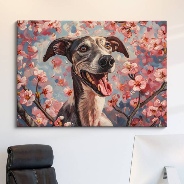 Joyful Greyhound in Spring Blossoms - Vibrant Canvas Art For Dog Lovers, Canvas, Framed Print, Pet Lover - image 1