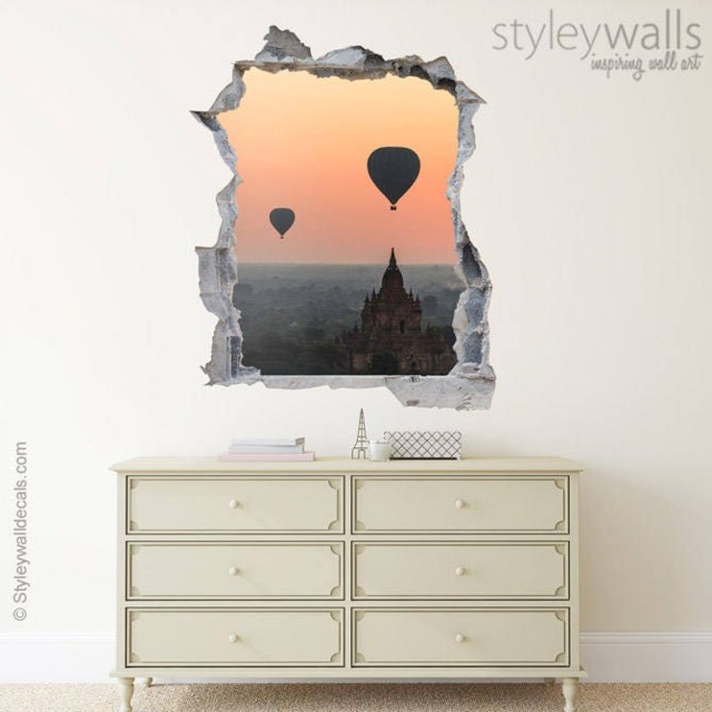 Hot Air Balloons Wall Decal, Thailand Hole in The 3D Effect Sticker, Broken Mural Home Decor