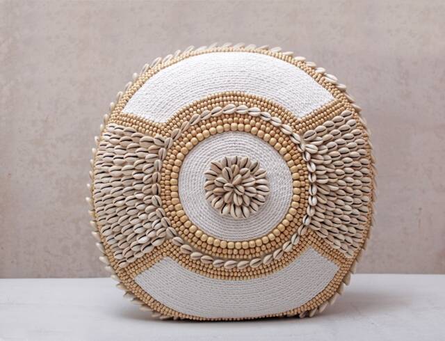 White Embroidered Pillow Cover, Cotton Cushion With Kauri Shells, Handmade Coastal Decor - image 1