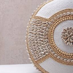 White Embroidered Pillow Cover, Cotton Cushion With Kauri Shells, Handmade Coastal Decor - thumbnail 2