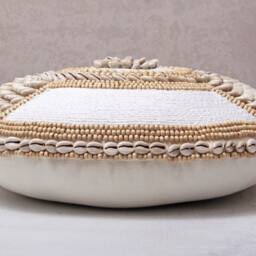 White Embroidered Pillow Cover, Cotton Cushion With Kauri Shells, Handmade Coastal Decor - thumbnail 4