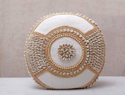 White Embroidered Pillow Cover, Cotton Cushion With Kauri Shells, Handmade Coastal Decor