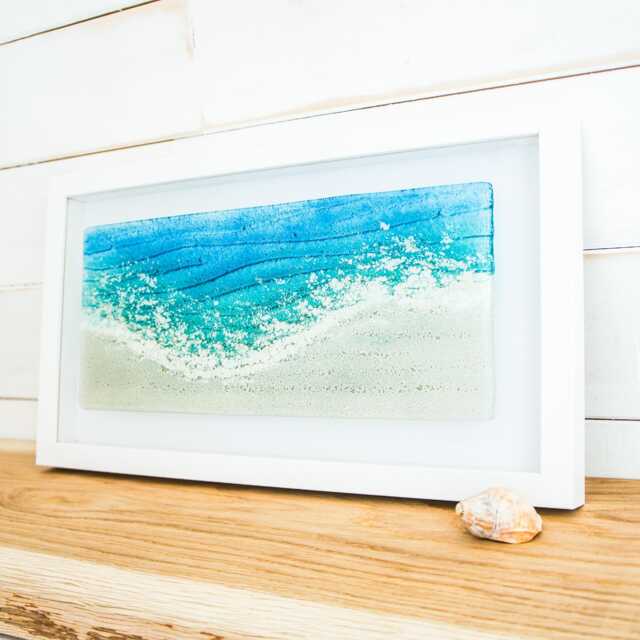 Landscape Teal Paradise Glass Frame - Handmade Fused Glass Wall Art 45x25cm/18x10 - image 1