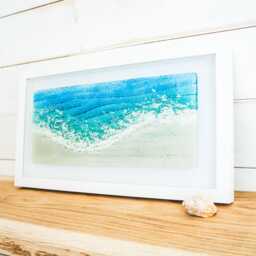 Landscape Teal Paradise Glass Frame - Handmade Fused Glass Wall Art 45x25cm/18x10 - thumbnail 1