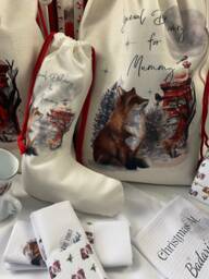 Personalised Woodland Fox Christmas Stocking, Linen Gift Bag - thumbnail 1