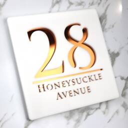 K Smart Sign - Bellissima S1 Laser Cut Matt White & Copper Mirror Floating House Signs Door Numbers Plaques 180mm X 180mm - thumbnail 2