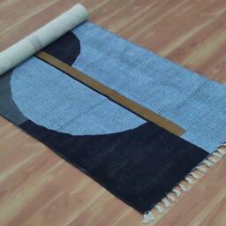 Handmade Blue Grey Cotton Runner Rug, Modern Geometric Design - thumbnail 4