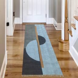Handmade Blue Grey Cotton Runner Rug, Modern Geometric Design - thumbnail 1