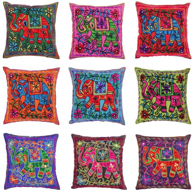 Embroidered Suzani Elephant Cushion Cover - Indian Boho Case Square Takiya Floral Pillow Case With Acrylic Mirros Home D??cor 40x40cm - image 1