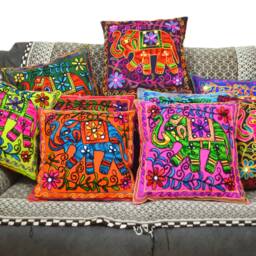 Embroidered Suzani Elephant Cushion Cover - Indian Boho Case Square Takiya Floral Pillow Case With Acrylic Mirros Home D??cor 40x40cm - thumbnail 2