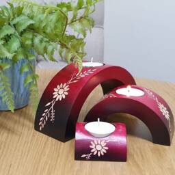 Hand Crafted Carved Wood Design Set Of 3 Arch Candle Holders - Red
