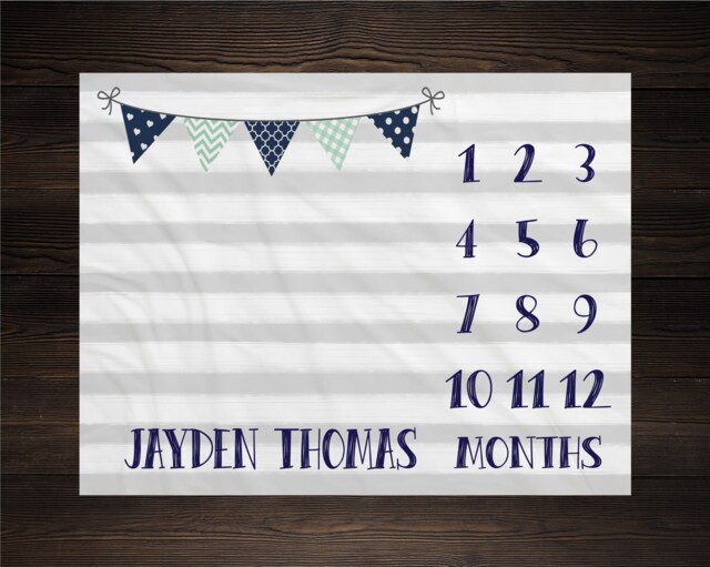 Boy Milestone Blanket Month Baby Growth Tracker Soft Fleece Shower Newborn Gift Watch Me Grow Gray Stripes - image 1