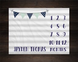 Boy Milestone Blanket Month Baby Growth Tracker Soft Fleece Shower Newborn Gift Watch Me Grow Gray Stripes - thumbnail 1