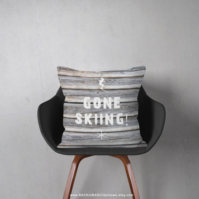 Gone Skiing Ski Decor Pillow Or Cover, Home Decor, Winter White Brown Rustic Gifts, Pillows, Stuff - image 1