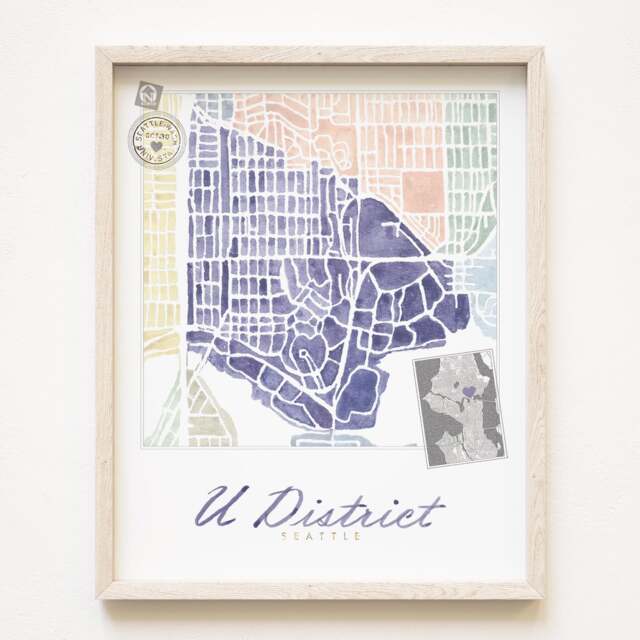 University District Seattle Neighborhood Map Watercolor Print Washington City Block Plan - Art Print Central Wall Local Realtor - image 1