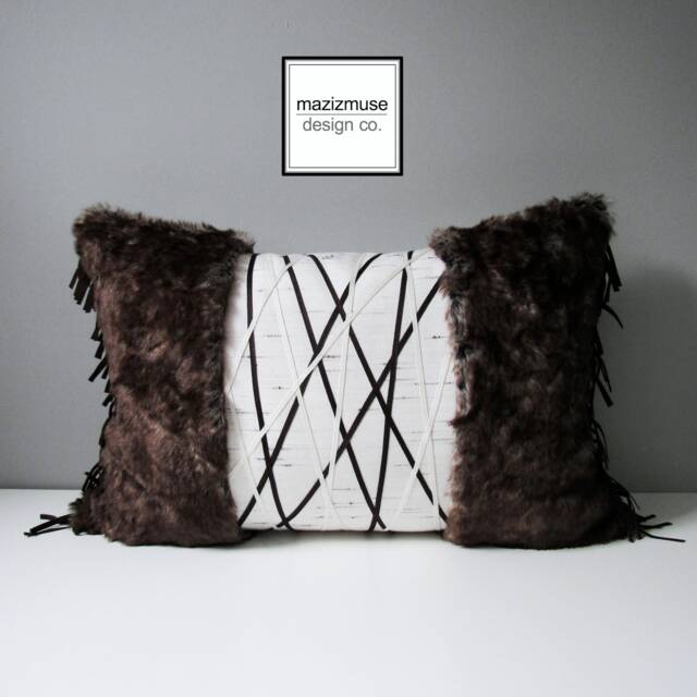 Faux Fur Pillow With Chocolate Brown & Cream Trim, Modern Outdoor Indoor Pillow, Luxury Fake Rabbit Cushions For Lodge Decor, Mazizmuse - image 1