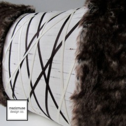 Faux Fur Pillow With Chocolate Brown & Cream Trim, Modern Outdoor Indoor Pillow, Luxury Fake Rabbit Cushions For Lodge Decor, Mazizmuse - thumbnail 2