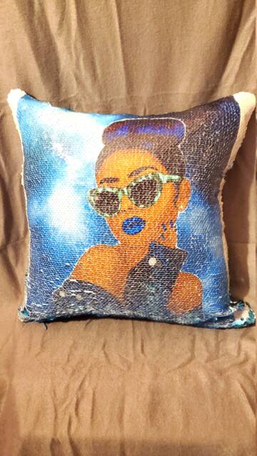 Afrocentric Pillow, Mermaid Pillow/Blue Sequin Cushion/