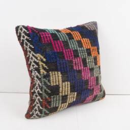 Vintage Turkish Kilim Pillow Cover Handwoven Wool Throw - 16x16 - thumbnail 2