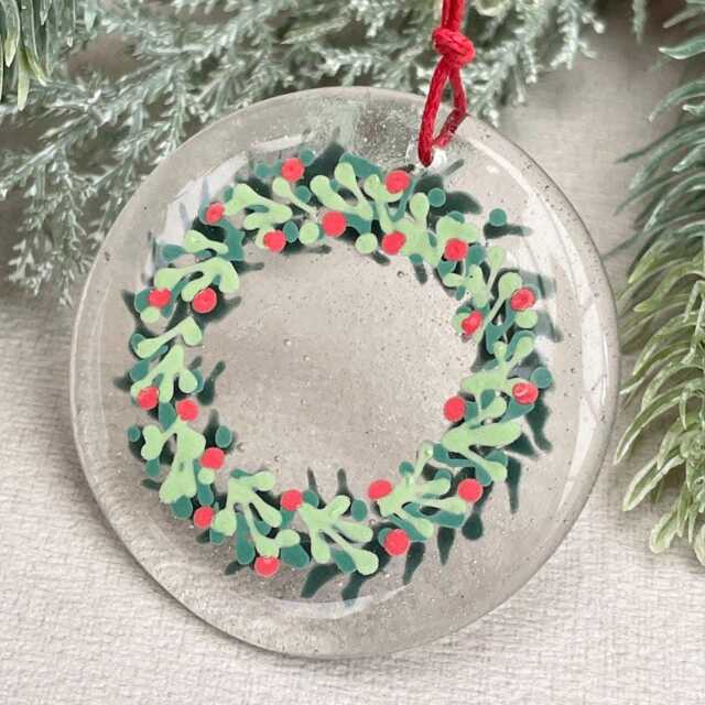 Glass Wreath - Hand Painted Fused Glass Christmas Tree Decoration Bauble - image 1