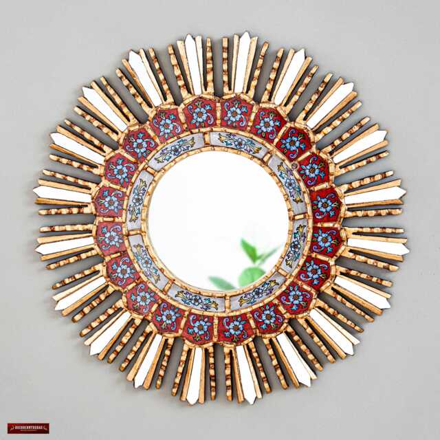 Handmade Red Sunburst Round Mirror - Peruvian Accent For Home, Wall Decor & Bedroom Housewarming Gift -Decorative Mirrors - image 1