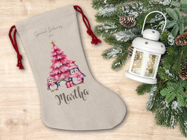 Personalised Pink Christmas Stocking, Santa Sack, Girl's Boys Eve Present Bag, Father Christmas - image 1