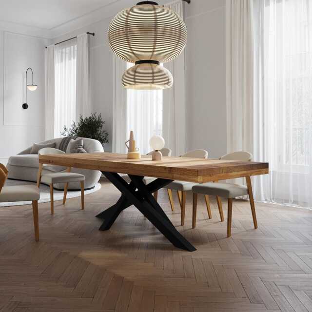 Grantham Crossover Dining Table Rustic Solid Wood Industrial Straight Edge Steel Base - image 1