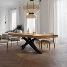 Grantham Crossover Dining Table Rustic Solid Wood Industrial Straight Edge Steel Base - thumbnail 1