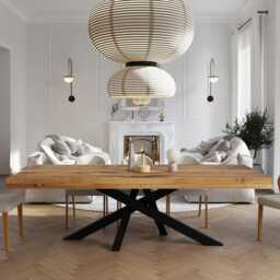 Grantham Crossover Dining Table Rustic Solid Wood Industrial Straight Edge Steel Base - thumbnail 4