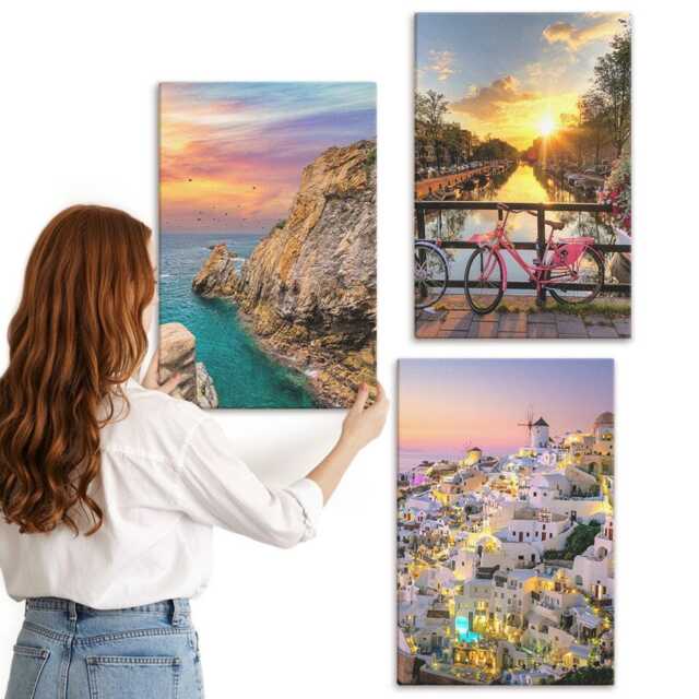 Canvas Set Of 3 - Seaside Views With Sunset & City, Pink Wall Art, Landscapes Decor - image 1