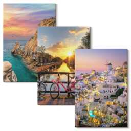 Canvas Set Of 3 - Seaside Views With Sunset & City, Pink Wall Art, Landscapes Decor - thumbnail 2
