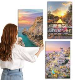 Canvas Set Of 3 - Seaside Views With Sunset & City, Pink Wall Art, Landscapes Decor - thumbnail 1