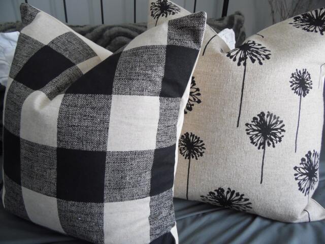 Dandelion Pillow Cover Black Print Cotton Slub, Farmhouse Cushion - image 1