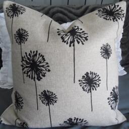 Dandelion Pillow Cover Black Print Cotton Slub, Farmhouse Cushion - thumbnail 3