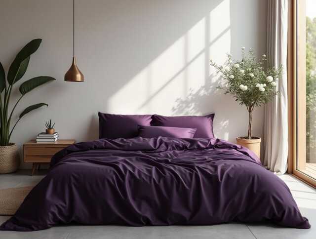 Deep Purple Sateen Bedding Set 1 Duvet Cover & 2 Pillowcases Cotton Satin Comforter - image 1