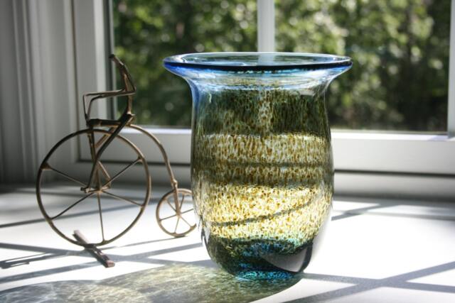 Hand Blown Glass Vase Aquamarine Blue Glittery Gold Hurricane Light - image 1