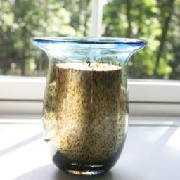 Hand Blown Glass Vase Aquamarine Blue Glittery Gold Hurricane Light - thumbnail 3