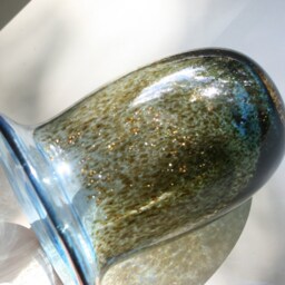 Hand Blown Glass Vase Aquamarine Blue Glittery Gold Hurricane Light - thumbnail 2