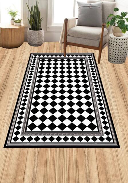 Geometric PVC Vinyl Floor Mat Black & White Checkerboard Rug - image 1