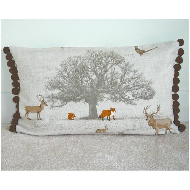 "Oblong Pillow Cover 12x20 Stag Fox Owl With Pompoms & Zip Autumn Bolster Tree Wildlife Deer Rabbit Squirrel 20""x12" - image 1