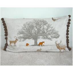 "Oblong Pillow Cover 12x20 Stag Fox Owl With Pompoms & Zip Autumn Bolster Tree Wildlife Deer Rabbit Squirrel 20""x12" - thumbnail 1