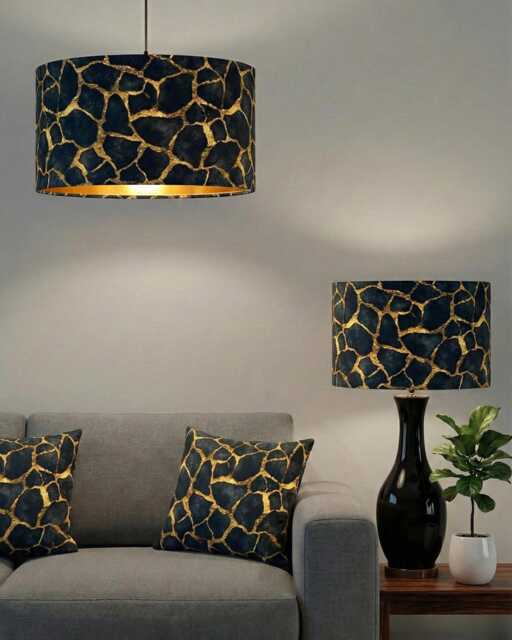 Handmade By Order Luxury Black Gold Stones Lava Abstract Geometric Pattern Drum Velvet Lamp Shade Pendant Light All Shapes Sizes - image 1