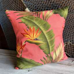 Tropical Hawaiian Barkcloth Cushion Cover - Pink Bird Of Paradise Envelope Finish - thumbnail 1