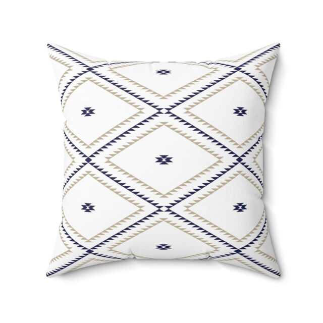 Square Throw Pillow, Southwestern Geometric, White Navy Beige, Desert Southwest Boho Decor, Bohemian Home Accent, Cushion - image 1
