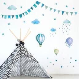 016 Wall Decal Garland Pennant Chain Balloon Cloud Rain Stars Mint Green Blue Nikima in 6 Versions. Sizes - thumbnail 3